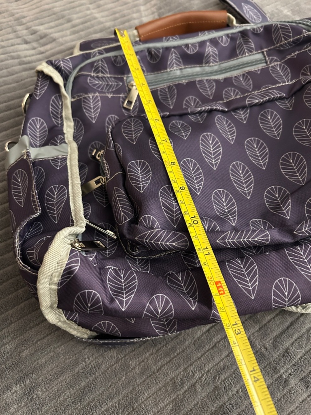 Purple Leaf Print Multi-way Crossbody, Messenger, or Backpack Style Diaper Bag - Picture 15 of 15